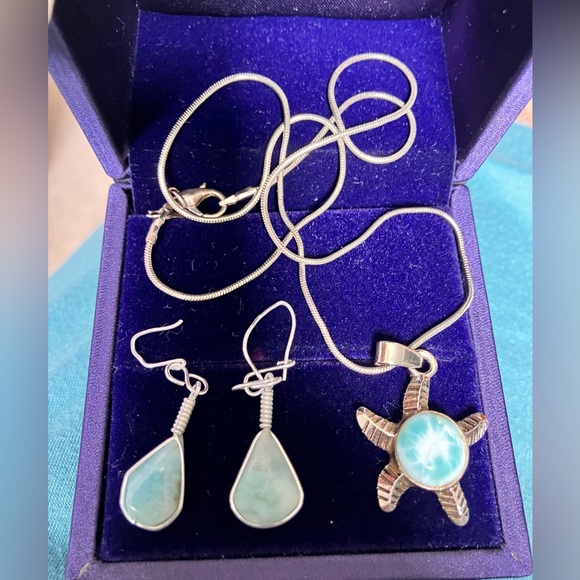 Vintage 925 silver and Larimar stones starfish and dangle earring set. - Picture 1 of 16